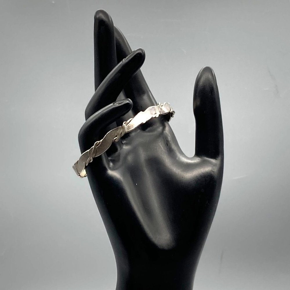 Vintage Retro Silver Bangle Bracelet, Cool Flattened Rope Design, Stamped Mexico